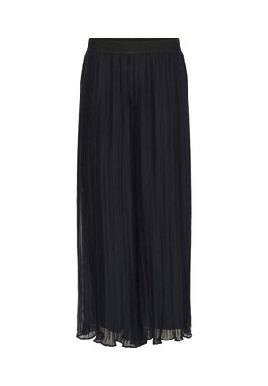 Jupe maxi plissée noire avec une taille lisse, fabriquée en tissu léger, présentant un design fluide et un léger éclat.
