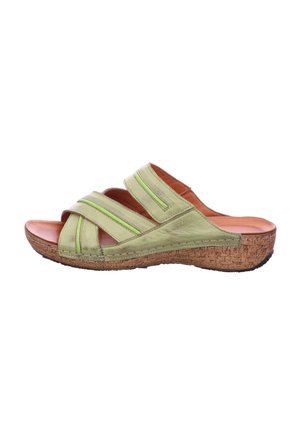 Green leather slide sandals with crisscross straps, cork wedge sole, and light brown interior. Textured finish with stitching details.