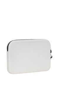 Bílý zipový pouzdro se zaoblenými hranami, hladkým povrchem a černým zipem. Kompaktní design vhodný pro úložný prostor a ochranu.