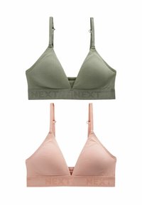 Dvije bralette: jedna je zelena, od pamuka s teksturiranim pojasom, a druga ružičasta, od pamuka s glatkim pojasom, obje s podesivim naramenicama.