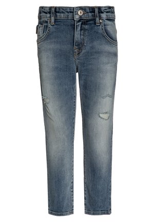 Blå falmede denimjeans med let slid på lårene, knaplukning, forlommer og bæltestropper.