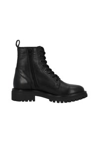 Botas de cuero negras hasta el tobillo con cremallera lateral, cordones en la parte frontal, punta redondeada y suela de goma gruesa con un patrón de agarre.