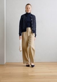 Jūras zila svītrainā kardigāna virs melnā turtleneck, bēšiem taisnajiem biksēm un melnām plakanām kurpēm, tur mazs krēms krāsas somiņas. Gludas tekstūras.