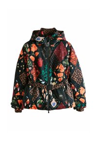 Veste à capuche en tissu à motifs comprenant des dessins floraux, animaliers et géométriques aux couleurs vives, avec une taille ceinturée.
