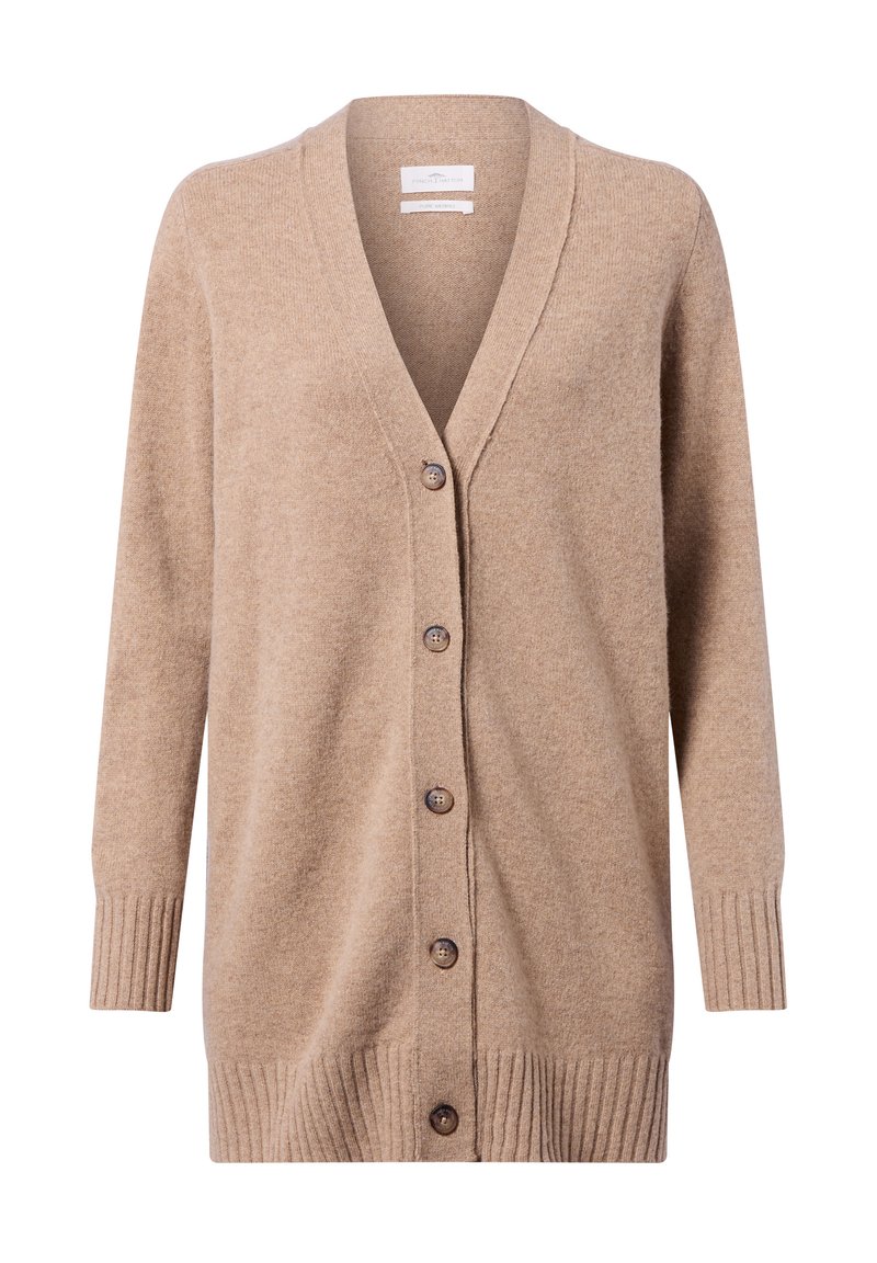 Beige, gestrickte Strickjacke mit V-Ausschnitt, Knöpfen vorne, langen Ärmeln sowie gerippten Bündchen und Saum. Die Knöpfe sind rund und braun. Weiche Textur.