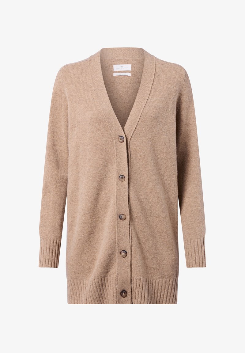 Beige, gestrickte Strickjacke mit V-Ausschnitt, Knöpfen vorne, langen Ärmeln sowie gerippten Bündchen und Saum. Die Knöpfe sind rund und braun. Weiche Textur.