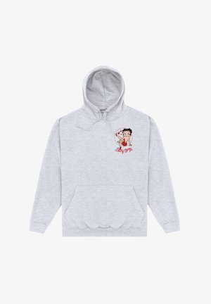 Lys grå hoodie med en frontlomme, der har et tegneseriegraphik af en karakter i rød kjole og hjerter, samt snoretræk i hætten.