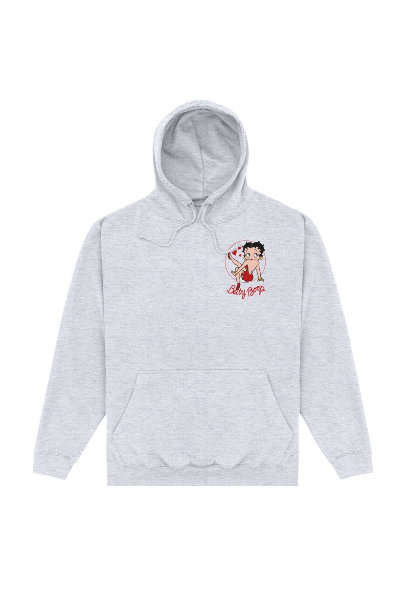 Sudadera gris clara con un bolsillo frontal, que presenta un gráfico de dibujos animados de un personaje con un vestido rojo y corazones, y capucha con cordón.