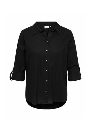 Chemise noire à manches longues avec poignets retroussés, devant boutonné, col classique et ourlet arrondi.