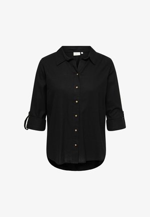 Chemise noire à manches longues avec poignets retroussés, devant boutonné, col classique et ourlet arrondi.