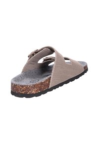 Braune Netzsandale mit Kork- und Filzfußbett, offenes Design, verstellbarer Riemen und strukturiertem Gummiz sole. Geeignet für Freizeitbekleidung.