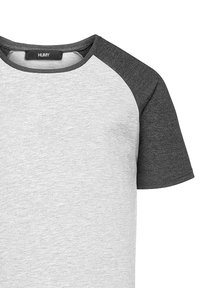 Gray and white short-sleeve T-shirt with a round neck; light gray body and dark gray raglan sleeves; smooth texture. Brand label visible.