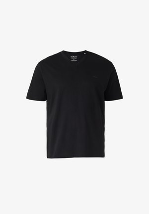 Schwarzes T-Shirt mit kurzem V-Ausschnitt und dezentem Logo auf der Brust, entworfen für legere Kleidung.