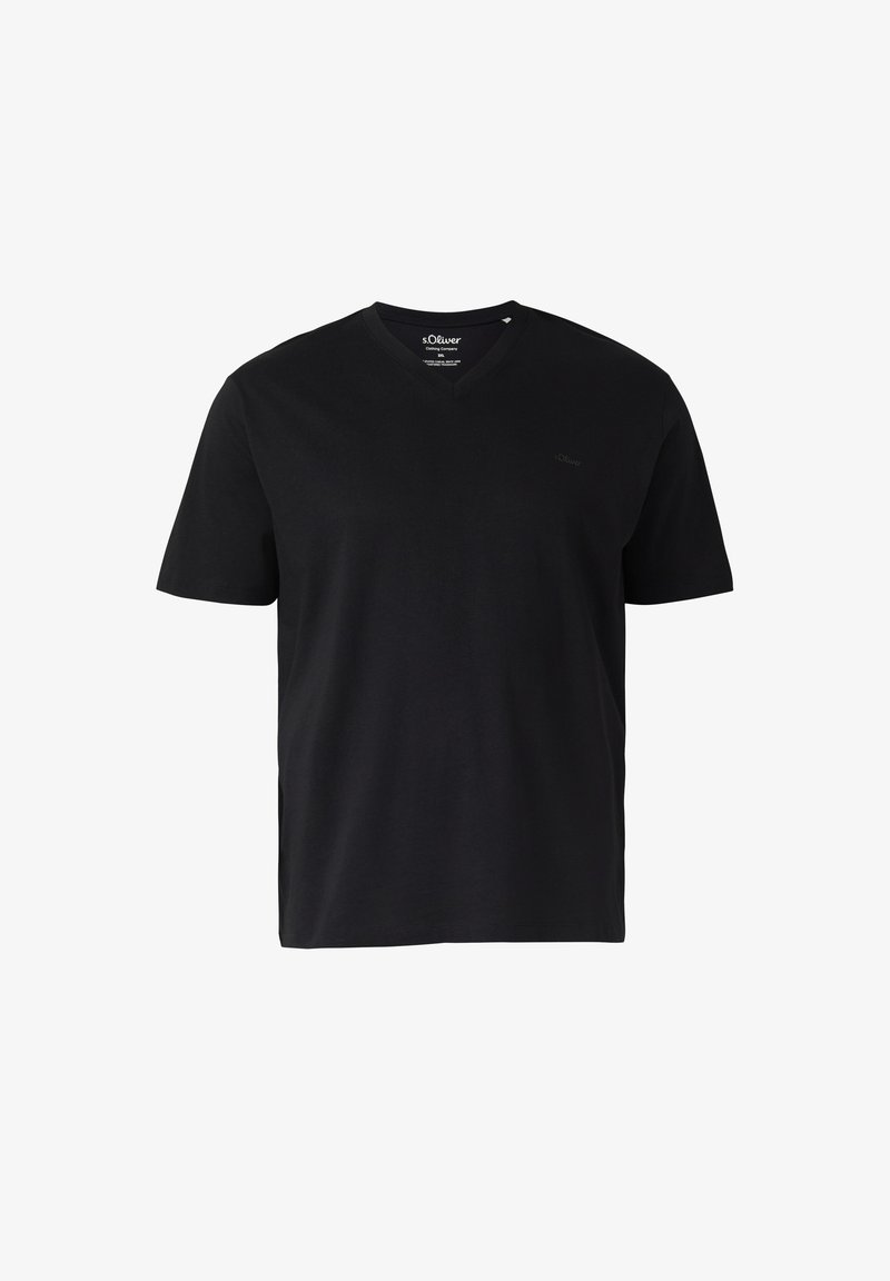 Czarny, krótki, z dekoltem w serek t-shirt z subtelnym logo na klatce piersiowej, zaprojektowany do noszenia na co dzień.