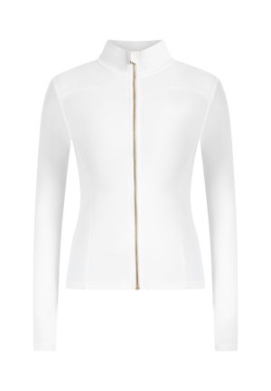 Weiße Jacke mit Reißverschluss und langen Ärmeln, aus glattem Stoff gefertigt. Verfügt über einen Stehkragen und eine goldene Reißverschluss-Detail vorne.