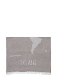 Sciarpa di lino grigia con un leggero design a mappa e il testo "1ª CLASSE". I bordi sono rifiniti con frange bianche. Texture morbida.
