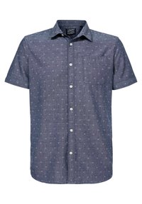 Camicia azzurra a maniche corte in un tessuto morbido, con un motivo sottile, colletto a punta e una singola tasca sul petto con chiusura a bottone.