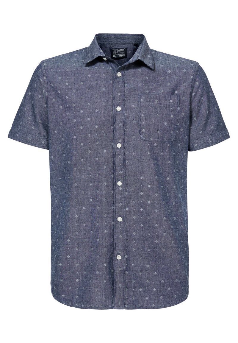 Camicia azzurra a maniche corte in un tessuto morbido, con un motivo sottile, colletto a punta e una singola tasca sul petto con chiusura a bottone.