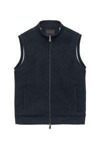 Granatowa bezrękawnik uszyty z miękkiego materiału, z wysokim kołnierzem, zamek błyskawiczny z przodu oraz bocznymi kieszeniami. Prosty, elegancki design.