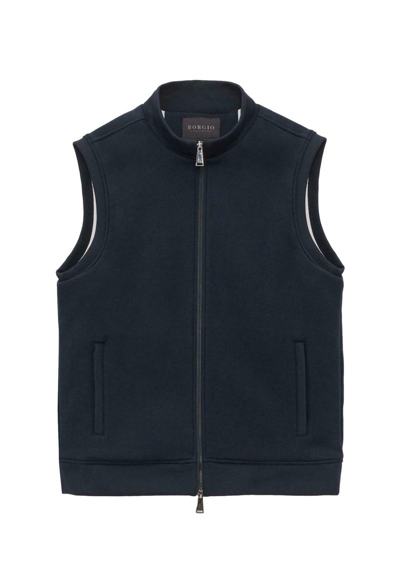 Granatowa bezrękawnik uszyty z miękkiego materiału, z wysokim kołnierzem, zamek błyskawiczny z przodu oraz bocznymi kieszeniami. Prosty, elegancki design.