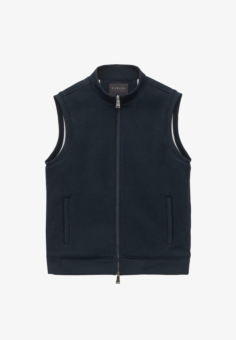 Granatowa bezrękawnik uszyty z miękkiego materiału, z wysokim kołnierzem, zamek błyskawiczny z przodu oraz bocznymi kieszeniami. Prosty, elegancki design.