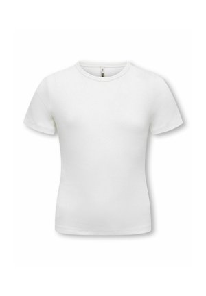 Maglietta a maniche corte aderente bianca con collo tondo esposta su uno sfondo bianco.