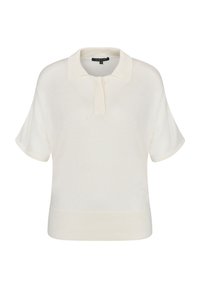 Weißes gestricktes Poloshirt mit kurzen Ärmeln, ausgestattet mit einem klassischen Kragen und einer strukturierten Oberfläche. Schlichtes, sauberes Design, keine Muster oder Akzente.