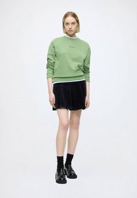 Green cotton sweatshirt with raglan sleeves, paired with a black velvet pleated skirt. Model wears black loafers and socks.