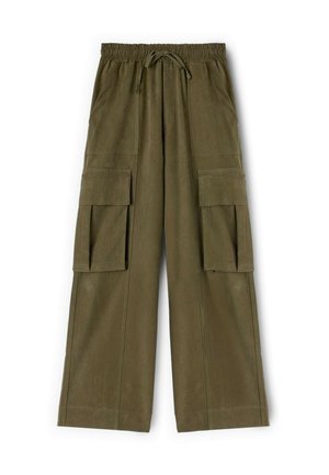 Pantalones cargo verde oliva hechos de una tela suave, con una cintura elástica y cordón, piernas anchas y dos grandes bolsillos frontales.
