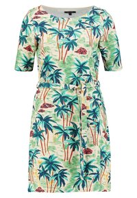 Šaty s krátkým rukávem s potiskem zelených, modrých a červených palmových stromů na světlém pozadí. Obsahují zavazovací pásek v pase a volný střih.