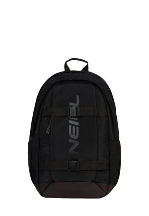 Black O'Neill backpack with two horizontal buckle straps, front zipper pocket, side mesh pockets, and top carry handle.