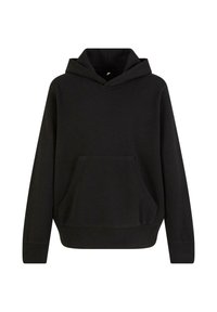 Black hooded sweatshirt made from soft fabric, featuring a kangaroo pocket, long sleeves, and a ribbed hem for added texture.