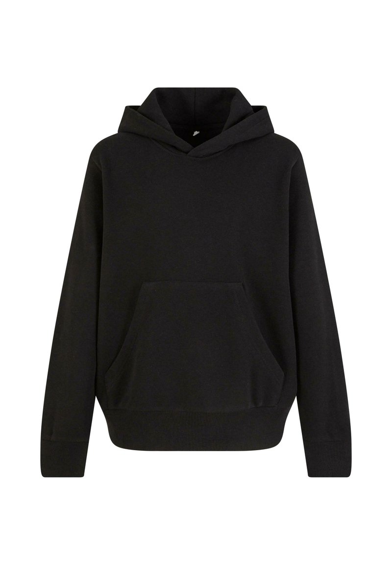 Black hooded sweatshirt made from soft fabric, featuring a kangaroo pocket, long sleeves, and a ribbed hem for added texture.