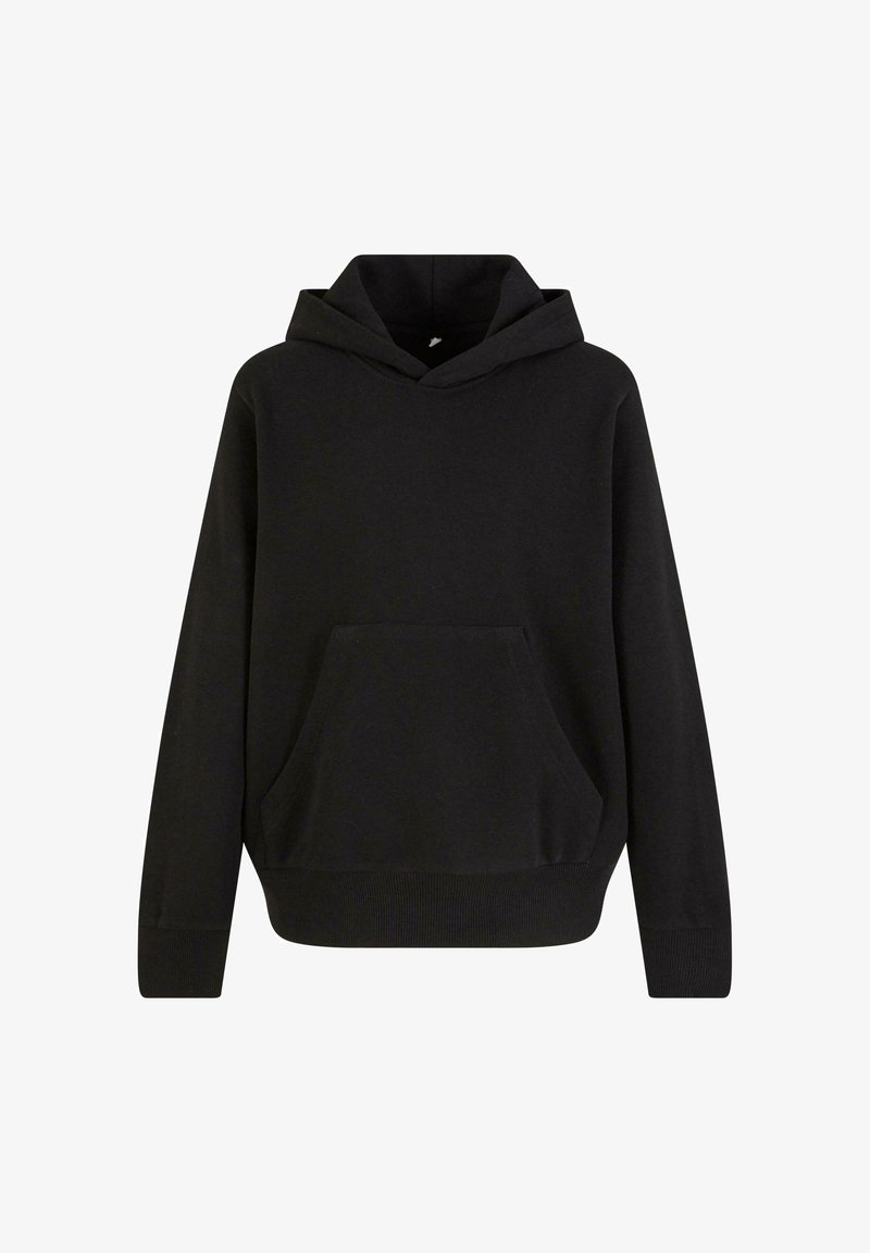 Fekete kapucnis pulóver, puha anyagból készült, kenguru zsebbel, hosszú ujjakkal és bordázott szegéllyel a textúra fokozása érdekében.