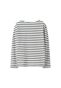 Langarmshirt mit schwarzen horizontalen Streifen auf einem weißen Hintergrund. Aus Baumwolle gefertigt, mit runder Ausschnitt und lockerer Passform.