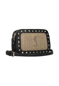 Black leather crossbody bag with a textured woven front, adorned with metallic studs, featuring a gold-tone logo and adjustable strap.