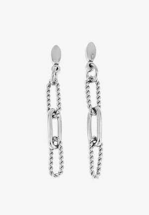 Silberne Tropfenohrringe mit verlängerten Kettenelementen, die abwechselnd glatte und gedrehte Texturen aufweisen, sowie ovalen Steckeraufhängungen.