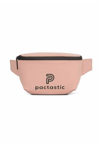 Lichtroze pouch met zwarte rits en merklogo "pactastic." Zachte, gladde textuur, ronde vorm en verstelbare schouderriem voor gemakkelijk dragen.