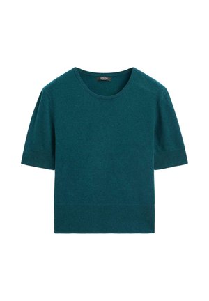 Maglione corto a maniche corte in morbido tessuto a maglia teal, con scollatura rotonda, taglio rilassato e orlo a coste orizzontali.
