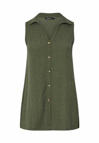 Camicia senza maniche verde con bottini, realizzata in un tessuto texturizzato. Presenta un taglio dritto e bottoni in tonalità oro lungo la parte frontale.