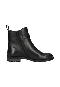 Schwarze Leder-Ankle-Boots mit einer abgerundeten Spitze, seitlichem Reißverschluss und einem dekorativen Riemen um den Schaft. Niedriger, strukturierten Absatz. Glatte Oberfläche.