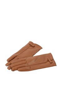 Brązowe skórzane rękawiczki o gładkiej fakturze, z małym paskiem i przeszyciami wzdłuż krawędzi. Klasyczny design o dopasowanym kształcie.