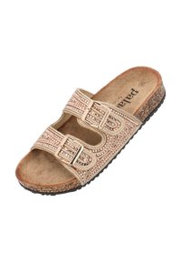 Beige Haussandale zum Hineinschlüpfen mit zwei verstellbaren Schnallen, strukturiertem Riemen mit gewebten Mustern, gepolstertem Fußbett und korkähnlicher Sohle.