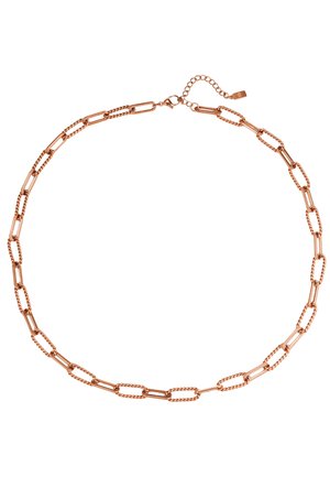 Halskette aus Roségold mit abwechselnd länglichen rechteckigen und gedrehten ovalen Gliedern, mit einem Karabinerverschluss und verstellbarer Verlängerungskette.