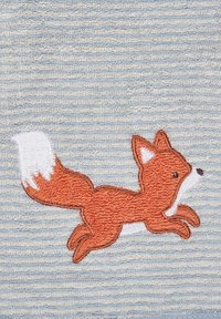 Towel featuring a textured blue background with an embroidered orange fox, white accents on tail, and black button eyes.