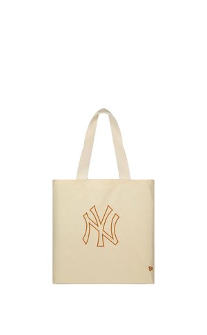 Beige tote bag with two handles and an outlined orange New York Yankees logo centered on the front.