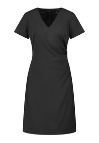 Schwarzes Kleid mit kurzen Ärmeln, V-Ausschnitt und gerafftem Seitendetail. Aus glattem Stoff gefertigt, mit taillierter Silhouette, knielang. Mit Reißverschluss auf der Rückseite.