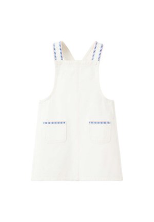 Bijela haljina bez rukava s dva prednja džepa i prugastim plavim i ružičastim detaljima na naramenicama i rubovima džepova.