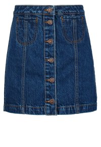 Džínová sukně v tmavě modré barvě s předním zapínáním na knoflíky, obsahující dvě boční kapsy a viditelné švy. Klasický střih do A.