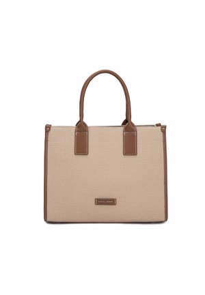 Borsa tote rettangolare beige con manici marroni, rifiniture e una piccola etichetta frontale con la scritta "David Jones."